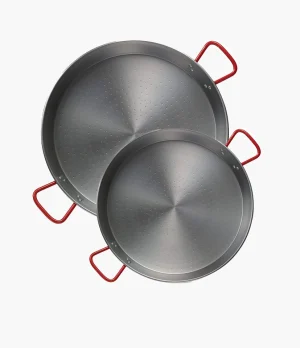 Set of polished steel paella pans, 34 and 42 cm, for 2–3 and 5 people