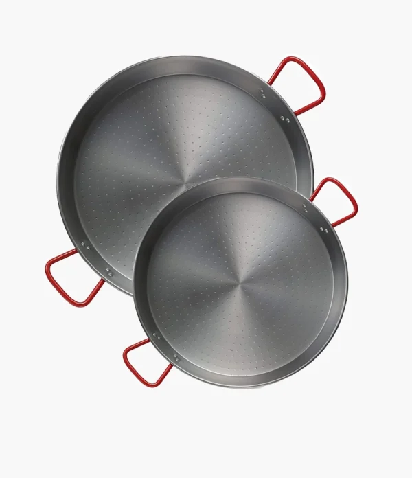 Set of polished steel paella pans, 34 and 42 cm, for 2–3 and 5 people